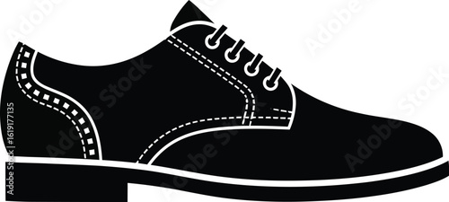 A black and white vector illustration of a classic leather dress shoe with laces and decorative perforations.