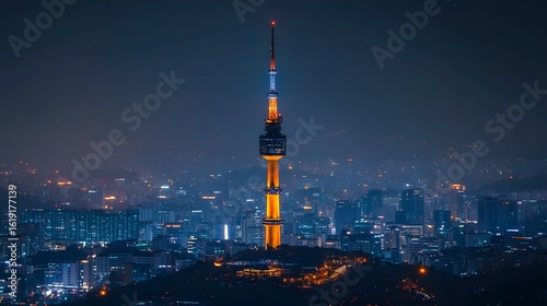 Iconic Seoul Tower Illuminating the Vibrant Cityscape at Night with Dazzling Lights