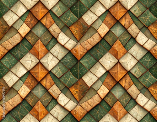 Geometric Diamond Pattern in Green Brown and Beige Tones with Intricate Weaving Texture