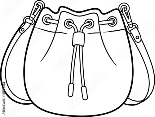 Drawstring bucket bag vector sketch, adjustable shoulder strap, casual fashion purse design, stylish everyday accessory, minimalist handbag illustration