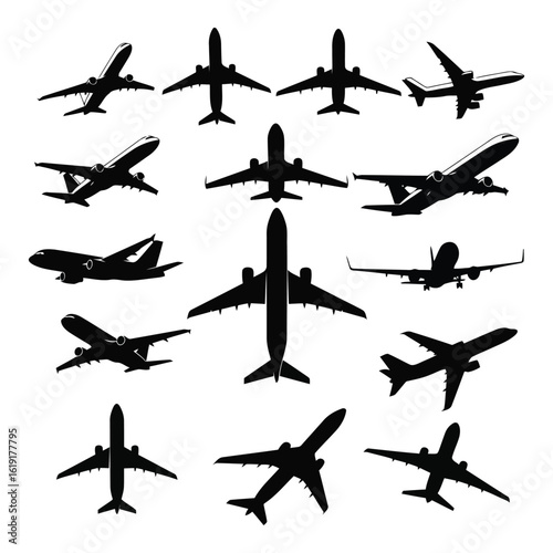 Vector art of a collection of diverse airplane silhouettes showcasing various aircraft designs and angles for aviation themes