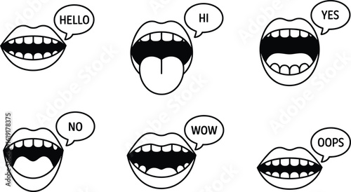 Mouths speaking various words lips talking
