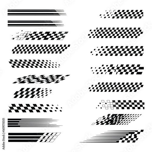 Vector art of collection of abstract racing checkered flag and motion stripe graphic design elements