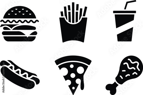 Black Silhouette Icons of Fast Food Favorites Keywords: fast food, icons, silhouette, burger