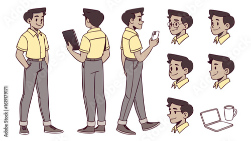 Cartoon character set of a young professional. A friendly man mascot for business presentations, websites, and explainer videos, isolated on white background.

