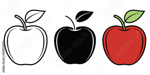 Red apple with leaf and outlines green stem