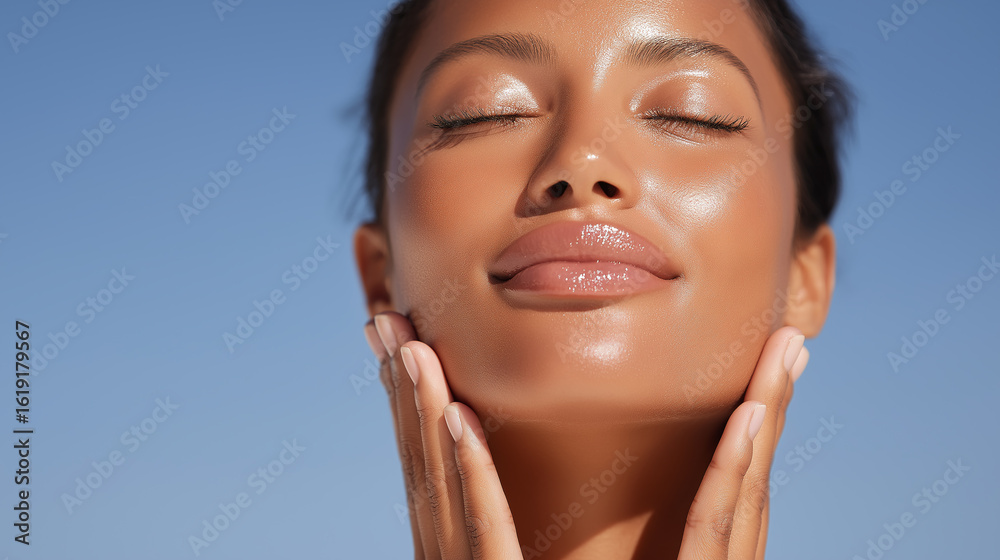 Obraz premium Glowing natural skin on full face with smooth lips and closed eyes, showing serene and radiant expression under clear blue sky