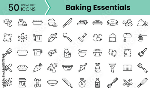 A collection of 50 linear icons representing essential baking tools and ingredients, featuring items like mixers, measuring cups, and baked goods in a minimalist style.