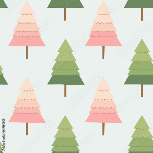 Seamless pattern of green Christmas trees, festive background