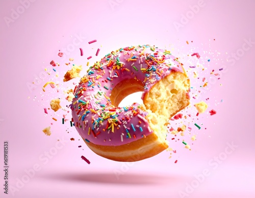 A pink glazed donut with rainbow sprinkles, a bite taken, levitates against a pale pink background, with sprinkles flying.