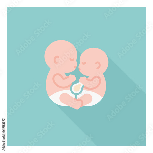 Adorable vector illustration of two newborn babies connected by an umbilical cord, symbolizing new life, twin bond, and family.