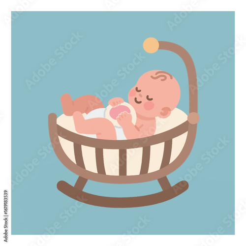 Cute newborn baby resting comfortably in a wooden rocking bassinet, happily holding a feeding bottle.