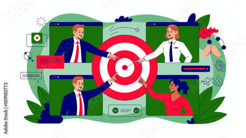 Diverse business team members collaborating virtually on a video conference call, unitedly pointing towards a central target to achieve common goals and success.