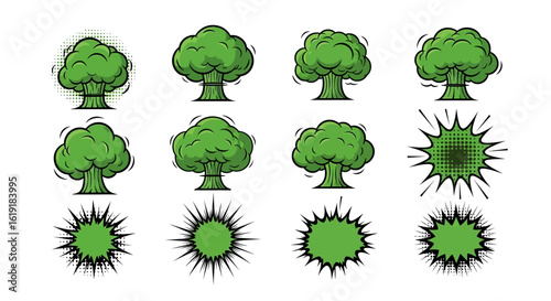 Dynamic green cartoon broccoli illustrations resembling powerful comic book explosions and impact bursts on white