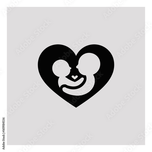 Stylized black heart icon with a white silhouette of a parent embracing a baby, symbolizing love and family bond.