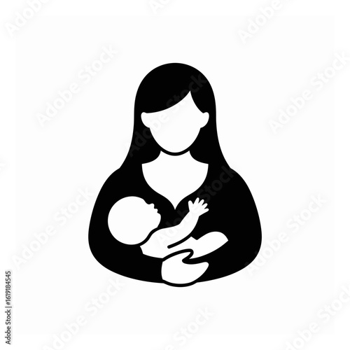 Stylized black and white vector illustration featuring a mother lovingly holding her newborn baby, symbolizing care, family, and maternal bond.