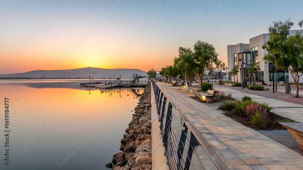 Fototapeta premium Lakeside walkway at dawn with modern architecture.