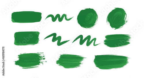 Various artistic green brush strokes, irregular paint swatches, and abstract watercolor shapes on a clean white canvas.