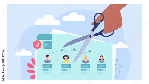 Vector illustration showing a hand cutting an employee organizational chart with scissors, representing business restructuring and layoffs