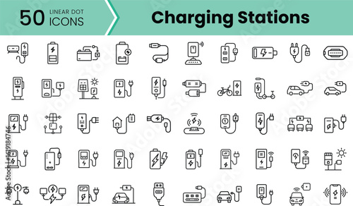 A collection of 50 linear dot icons representing various charging stations, including electric vehicles, portable chargers, and charging connectors in black and white.
