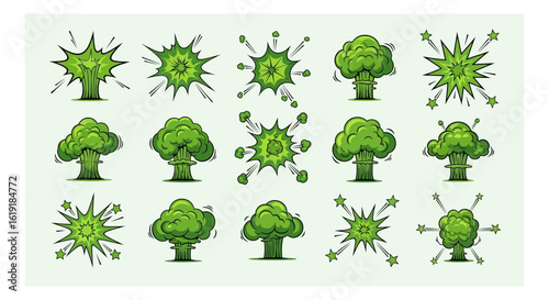 Vibrant green broccoli illustrations resembling comic book explosions and powerful impact effects and symbols