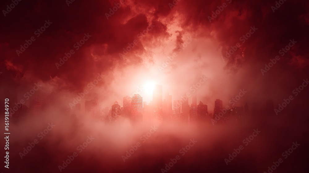 Naklejka premium A city shrouded in a crimson haze.