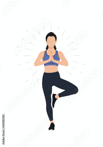 Woman in Yoga Tree Pose. Flat illustration of fitness, balance, and mindfulness for wellness.