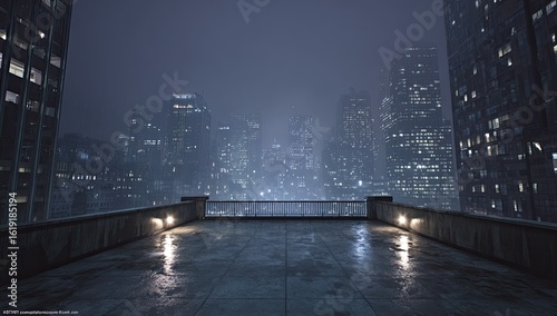 Wallpaper Mural A nocturnal cityscape viewed from a wet rooftop terrace, shrouded in a thick fog, with dimly lit skyscrapers in the background Torontodigital.ca