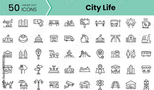 A collection of 50 linear icons representing various elements of city life, including transportation, buildings, and recreation, showcasing urban diversity and vibrancy.