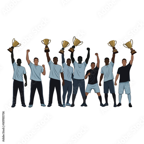 Vector art of a group of triumphant athletes celebrating their victory with trophies