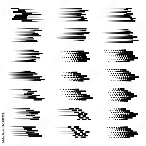 Vector art of abstract graphic elements featuring dynamic speed lines and halftone patterns