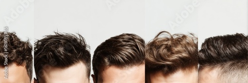 Explore a Variety of Modern Mens Hairstyles Showcasing Different Textures and Styles Against a Clean White Background