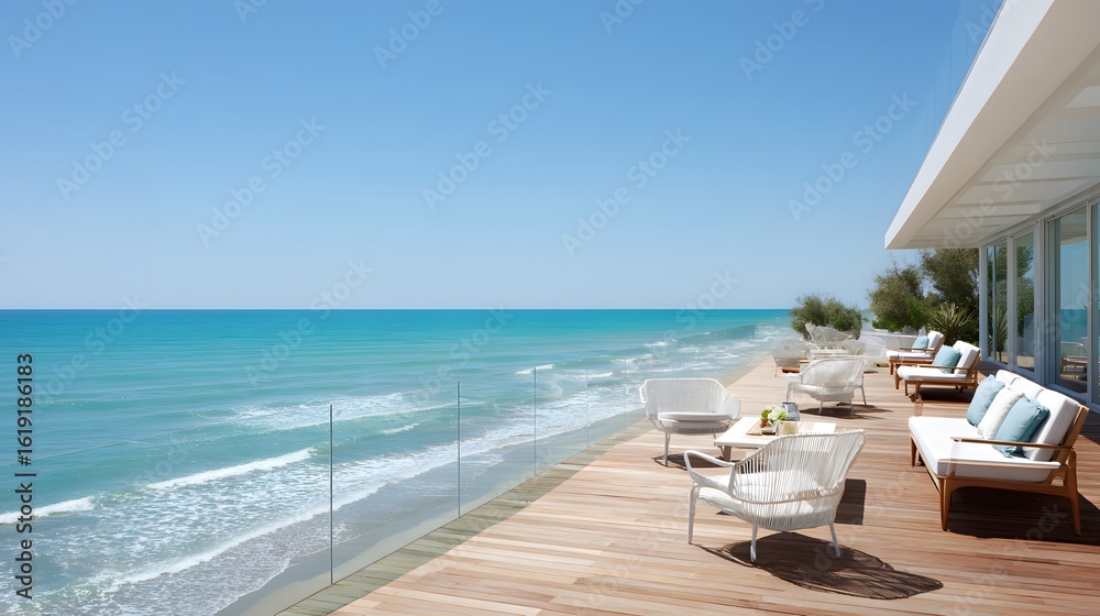 Obraz premium Coastal deck with white wicker furniture overlooking turquoise water.