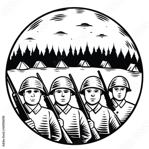 Black and White Illustration of Soldiers Standing Guard at a Camp Near a Forest with Flying Objects Above
