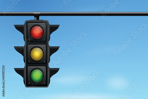 Vector 3d Traffic Light with Red Yellow Green Signals. Urban Traffic Light Hanging on Pole. Realistic Traffic Light for Road Safety, City Transportation Rules and Driving Education Concept