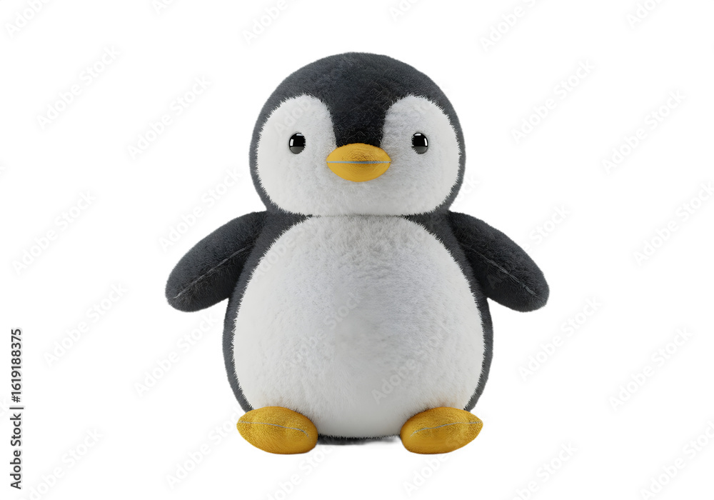 Fototapeta premium A plush penguin toy stands centered against a plain background with soft white black fur and yellow feet