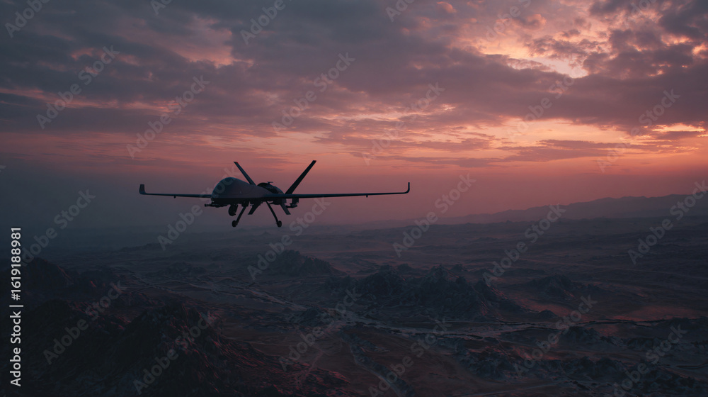 Naklejka premium Military surveillance drone flying over rugged mountains at dramatic sunset sky