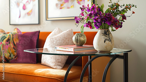 A glass table with a vase of purple flowers on it