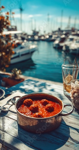 Sun-drenched harbor view, rustic table setting features a copper pot of meatballs in rich tomato sauce; a refreshing drink and bread nearby