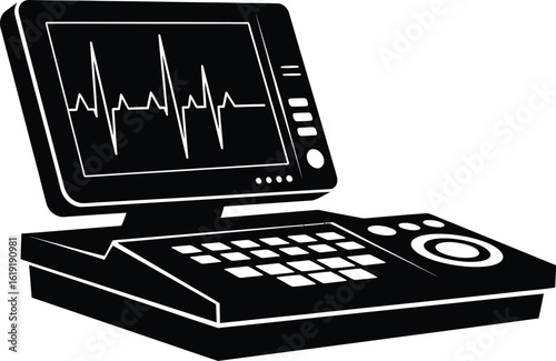 Black vector electrocardiograph machine with heart rhythm on screen medical equipment
