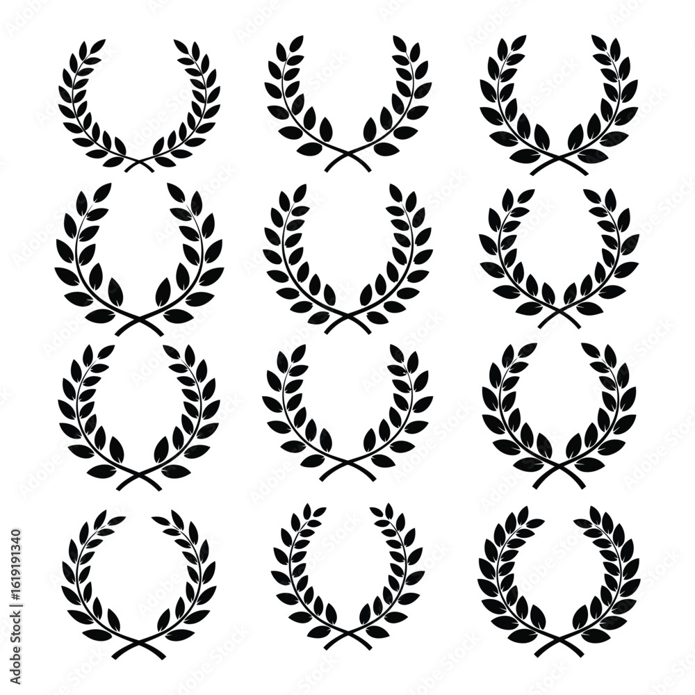 Obraz premium Vector art of a collection of twelve black laurel wreath icons arranged in four rows and three columns, symbolizing victory and achievement