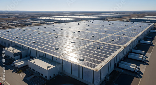 Aerial view of a large modern distribution center with a massive solar panel installation on the roof for sustainable, renewable energy production.