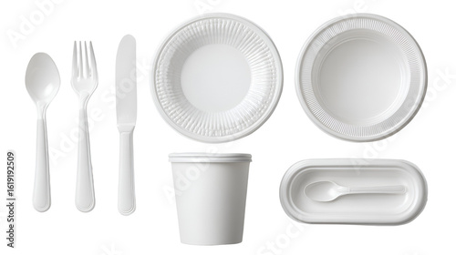White disposable tableware set plates bowls cutlery cup