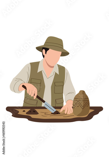 Archaeologist Unearthing Ancient Pottery with Trowel at Dig Site. Historical Research and Discovery Flat Illustration.