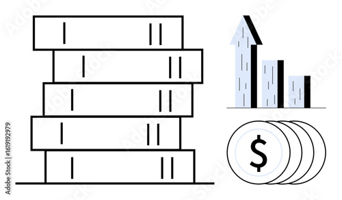 Stacked books, upward graph with arrow, and coins symbolizing knowledge, financial growth, business success, education, investment, budgeting and analysis. Ideal for simple landing page