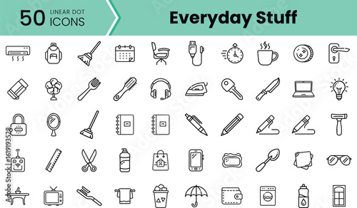 A collection of 50 linear dot icons featuring everyday items, illustrating activities and objects commonly used in daily life, presented in a minimalist style.