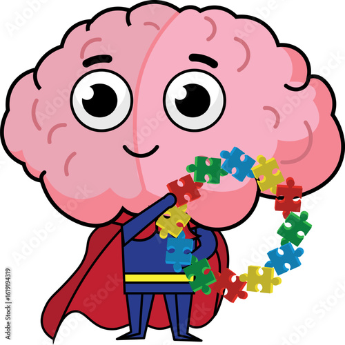 Illustration of a character, representing the neurodivergent brain, autism, gifted, ADHD, with puzzles