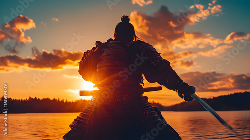 Fototapeta Naklejka Na Ścianę i Meble -  Silhouette of a warrior at sunset