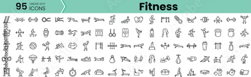 A diverse collection of 95 fitness icons featuring various workout activities, exercises, and equipment, showcasing a dynamic range of physical fitness activities and sports.