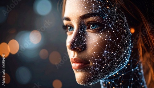 A woman's face is overlaid with a glowing network of interconnected dots, suggesting technology, artificial intelligence, or a futuristic concept.